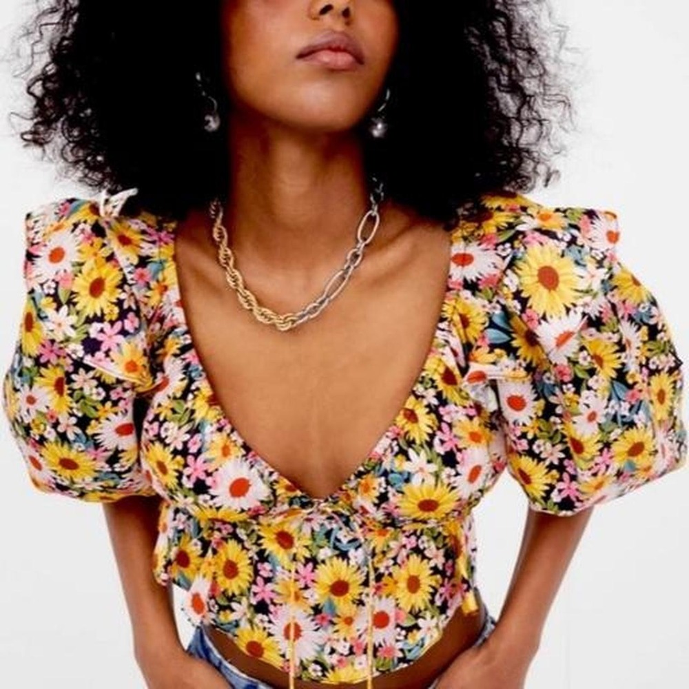 For Love & Lemons Glenn Crop Top Daisy Garden Floral Puff Sleeve Yellow XS
